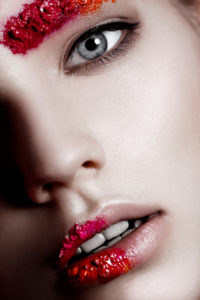 beauty detail, portrait, coloured lips, coloured eyebrows with coloured pigments, big open eye, view to the camera, mouth little bit opened beauty detail, portrait, coloured lips, coloured eyebrows with coloured pigments, big open eye, view to the camera, mouth little bit opened
